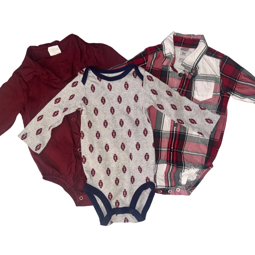 Carter's Plaid Football Long Sleeve Bodysuit Set Red Grey 9M 3 Pack